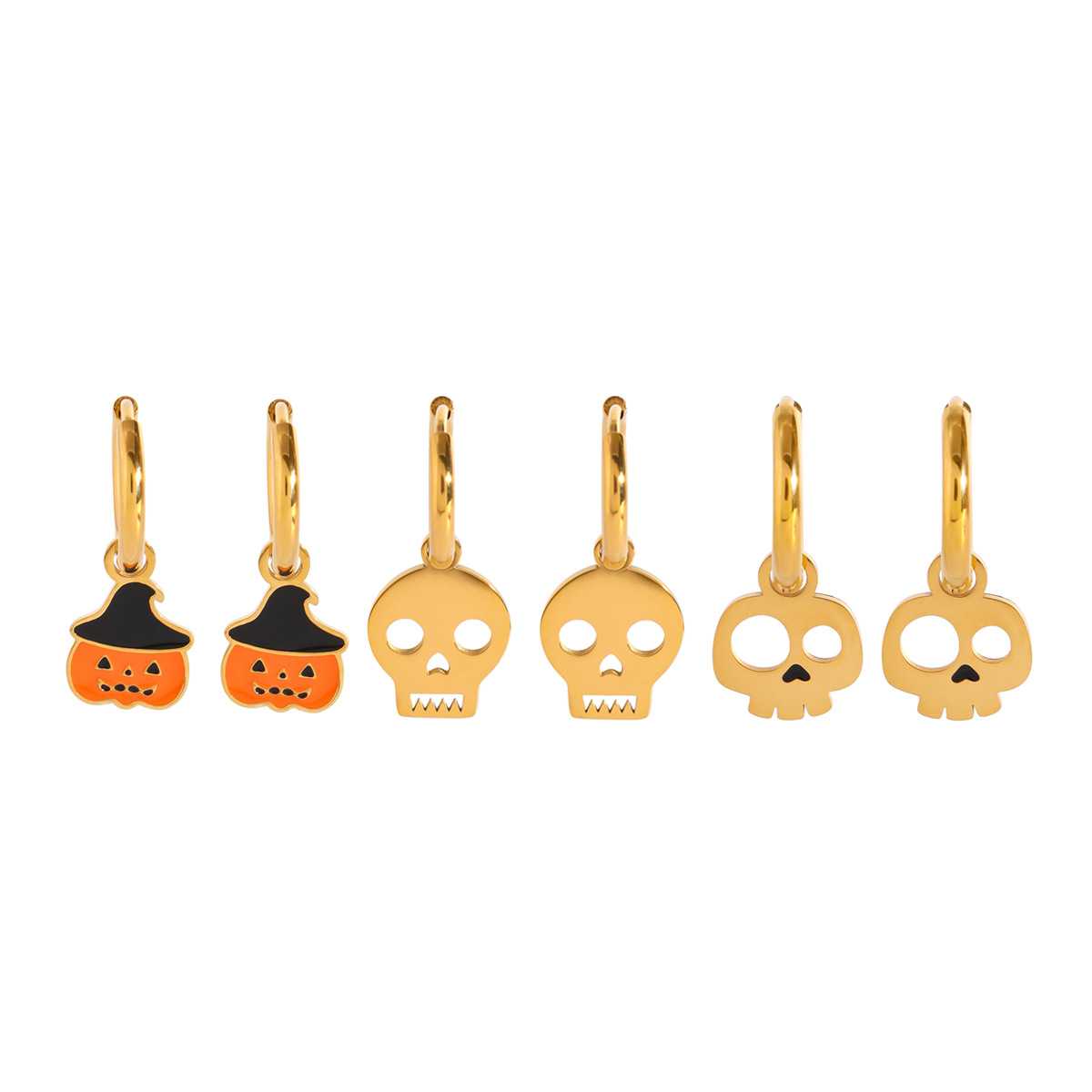 3 Paar Simple Series Punk Totenkopf Edelstahl 18K vergoldet Damen Ohrringe Set 